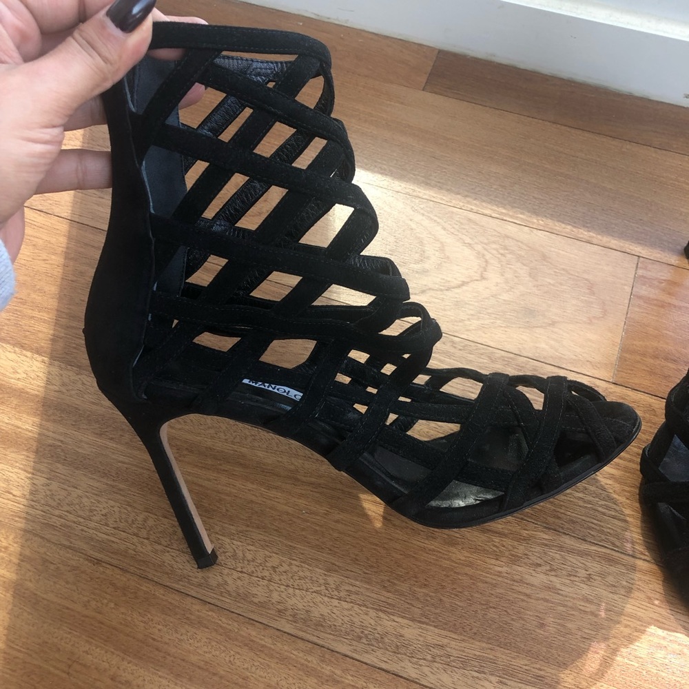 Manolo Blahnik Black Strappy Cage Suede Stiletto Heels